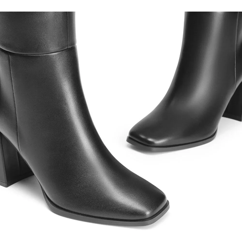 Women's Black Faux Leather Thigh High Block Chunky Heeled Knee High Long Boots